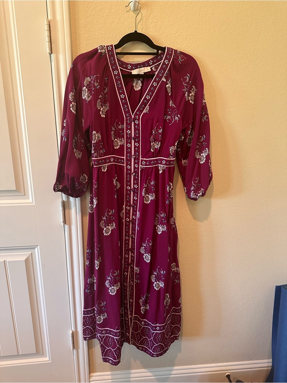LOFT petite Boho Floral V-Neck Midi Dress in Deep Magenta